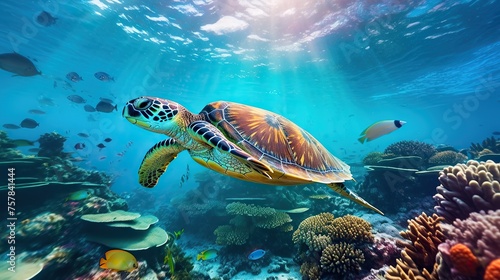 Colorful coral reef with many fishes and sea turtle. Underwater wildlife panorama Coral reef with wild. © May