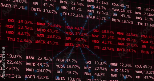 Image of financial data processing and blue spots on black background