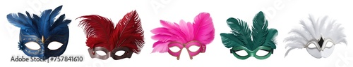 Set of masquerade feather eye party masks in different colours isolated on transparent background. Generative AI