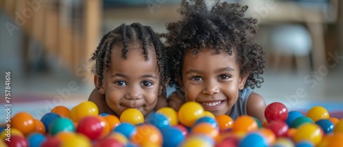 Colorful balls and happy children having fun at kindergarten photo