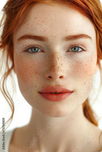 beautiful redhead young woman with freckles isolated 