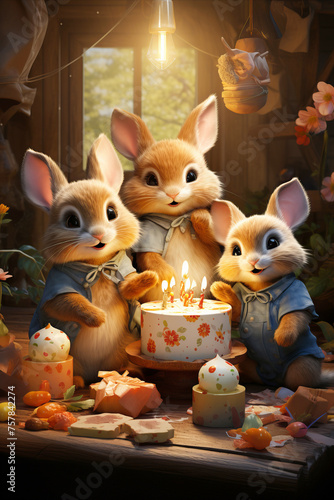 A cute family of Easter Bunnies celebrating together in a joyful setting. © tynza