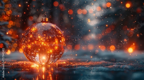 Winter holiday background with a mechanical Christmas ball. Futuristic cyber Happy New Year greeting card.