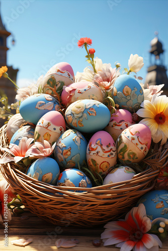 Easter basket filled with eggs on blue sky chirch background. Easter concept. photo