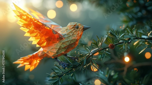 The design depicts an abstract paper origami bird with an olive branch. It has a low poly style design. A geometric background with wireframe light structure. The concept is based on a 3D graphic