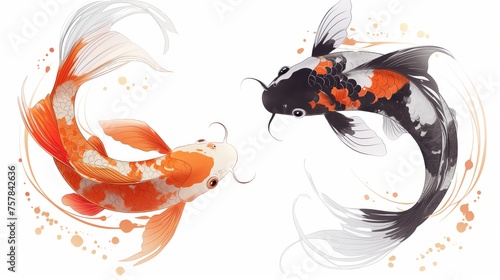 two koi fish swimming in a circle in a white background. forming a yin and yang symbol