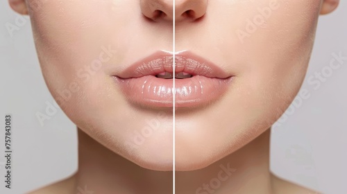 Compared before and after of hyaluronic acid injections for women lips. Procedure for beauty lips. photo