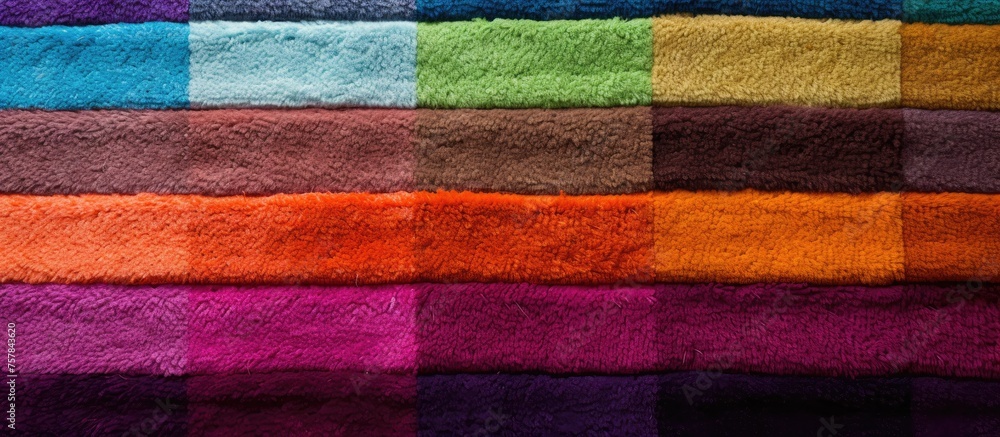 A close up of a stack of vibrant fabrics, including purple, orange, and violet rectangles. The background features a window, tree, and wood flooring A close up of a stack of vibrant fabrics, including purple, orange, and violet rectangles. The background features a window, tree, and wood flooring