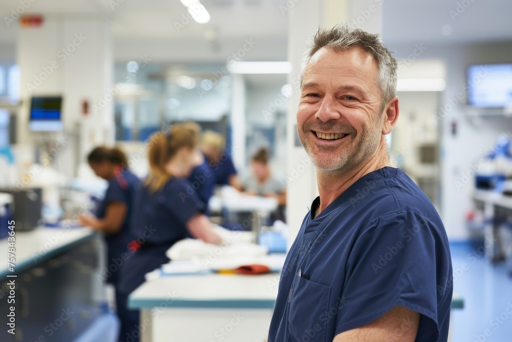 A man in a blue scrubs is smiling in front of a group of people. Scene is happy and friendly A man in a blue scrubs is smiling in front of a group of people. Scene is happy and friendly