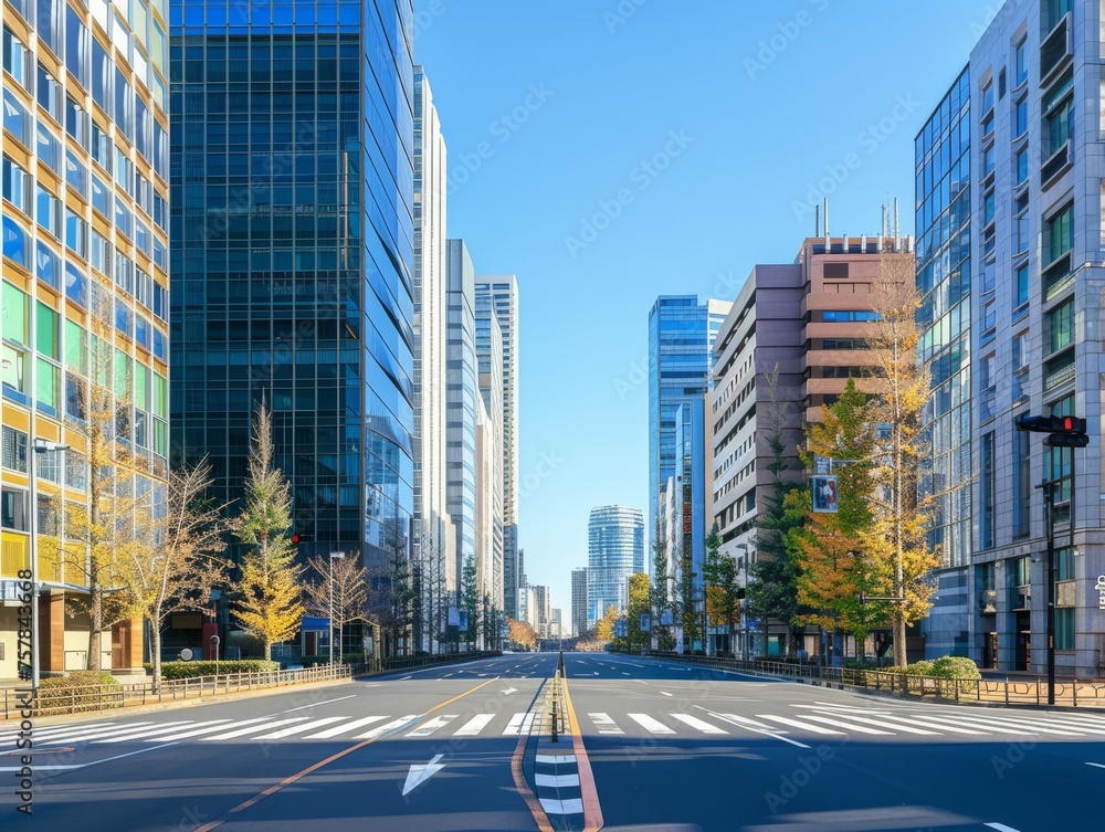 A city street with tall buildings and a clear blue sky A city street with tall buildings and a clear blue sky