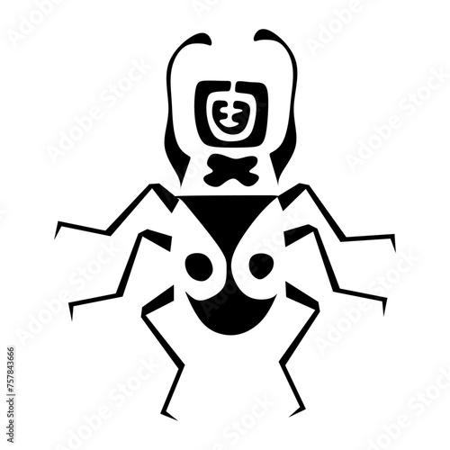 stylized black and white predatory beetle with horns