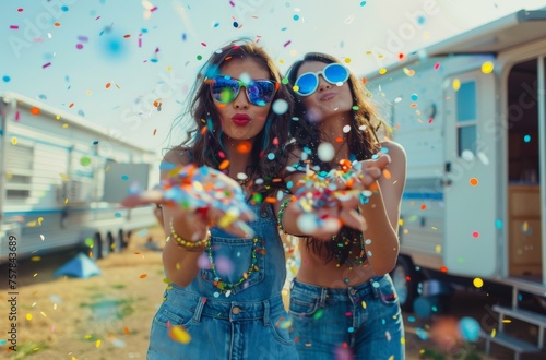 Two women are throwing confetti in the air. The scene is lively and fun, with the women wearing sunglasses and holding their hands up. The confetti is falling all around them
