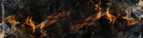 A black and orange fire with flames that are twisted and curled. The fire is surrounded by a dark background