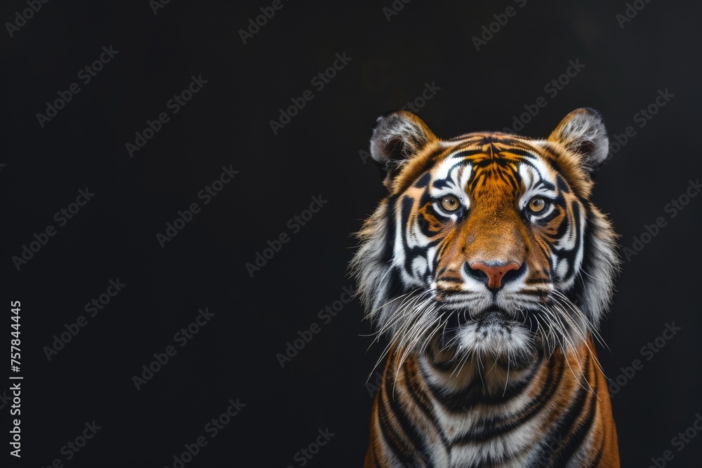 A tiger is staring at the camera with its mouth open. The tiger is the main focus of the image, and it is curious or alert. The black background adds a sense of depth A tiger is staring at the camera with its mouth open. The tiger is the main focus of the image, and it is curious or alert. The black background adds a sense of depth