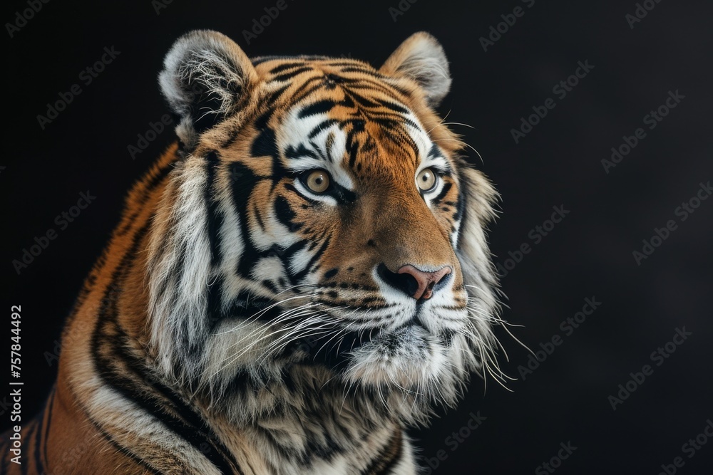 A tiger is staring at the camera with its eyes wide open. The tiger is looking directly at the camera, and its fur is visible. The image has a moody and intense feel