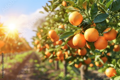 A row of orange trees with the sun shining on them. The oranges are ripe and ready to be picked