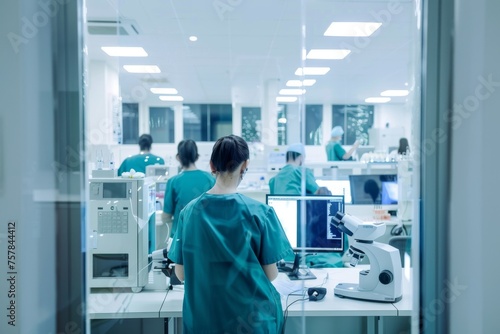 A group of medical professionals are working in a lab. Scene is serious and focused  as the people are wearing lab coats and working with medical equipment