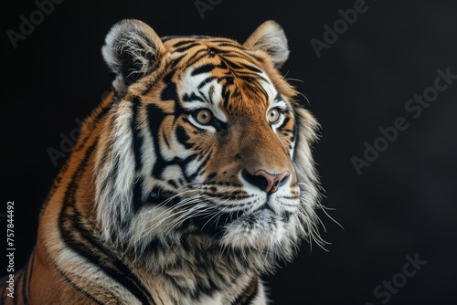 A tiger is staring at the camera with its eyes wide open. The tiger is looking directly at the camera  and its fur is visible. The image has a moody and intense feel