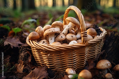 Mushroom in wicker basket in the forest. Food gathering concept. Ai Generative