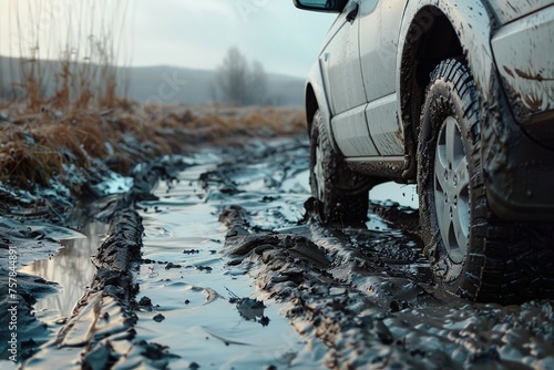 Stuck car on muddy road, black wheels buried in mud
