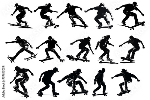 skateboarders silhouette bundle with various poses, skateboard silhouette vector, skating silhouette.