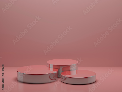 Abstract scene - three round pink polish glossy cylinder podiums for cosmetic products, mockup on pink background. For presentation skin care products, gifts, advertising in perfect exquisite style.