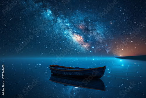 The wooden boat floats quietly on the water reflecting the Milky Way