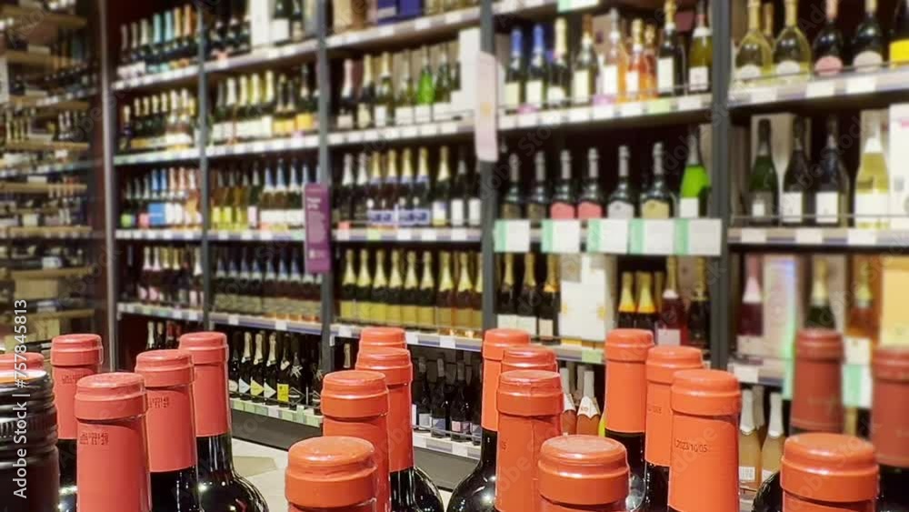 defocused alcohol (wine, champagne, liquor, whiskey) on store shelves defocused alcohol (wine, champagne, liquor, whiskey) on store shelves