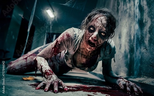 Zombie woman lying on the floor  photo