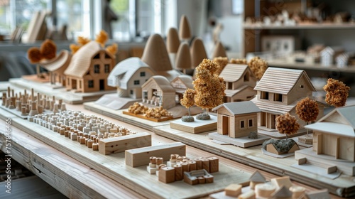 Scattered Insulation Blocks and Model Houses Standing on a Wooden Table photo