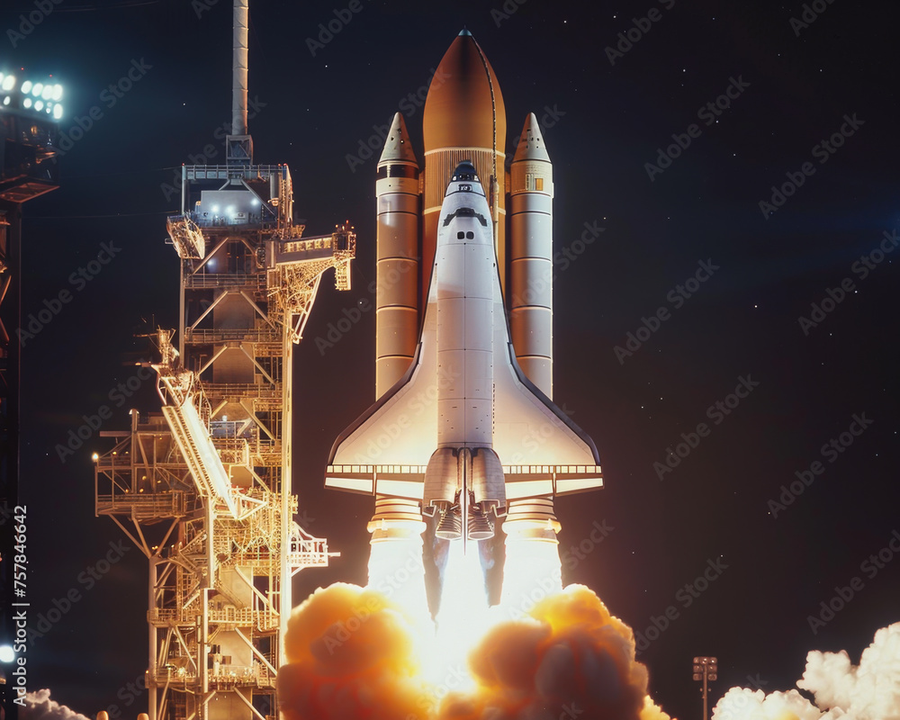 Nighttime space shuttle launch with fiery boosters, marking a powerful journey into the cosmos
