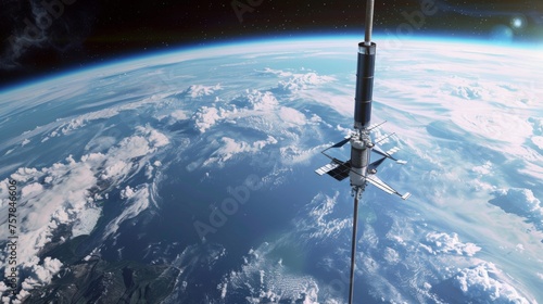Space elevator extending to geosynchronous orbit above Earth, representing a new era in space infrastructure photo