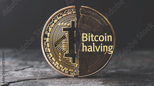 Bitcoin halving sign, BTC crypto coin cracked in two parts on concrete background close-up. Reward for Bitcoin cryptocurrency mining is cut in half in 2024 concept