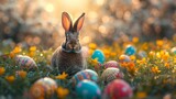 Easter Scene, abstract, defocused - bunny ears behind grass, decorated eggs in flowery field
