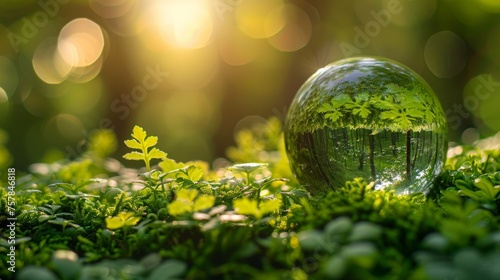 Global Environment Concept - Green Forest With Sunlight on Globe Glass