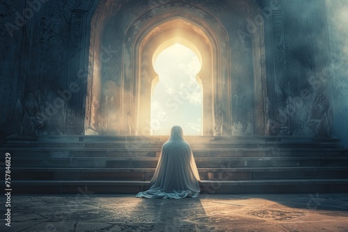 A person is sitting on a step in a dark room with a light shining through a window. The person is wearing a white robe and he is meditating photo