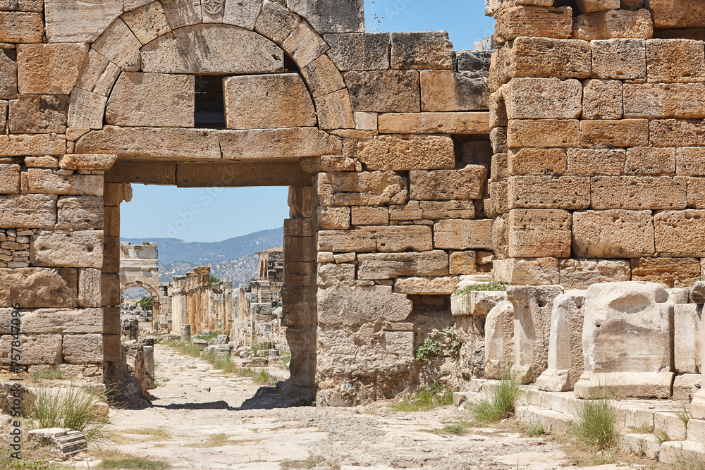 Hierapolis ancient ruins landmark in Pamukkale. Archeology in Turkey