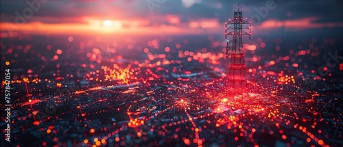 This abstract antenna mast graphic displays a world map. The concept includes 5G technology, telecommunications industry, cellular phone, 5G telecommunications, city communication, and LTE