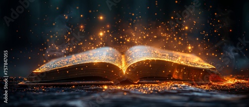 A golden magic book with stars on a dark background. A magic or legend book represents best education, fantasy style, the Holy Bible, online education, book festivals, library concepts. Literature