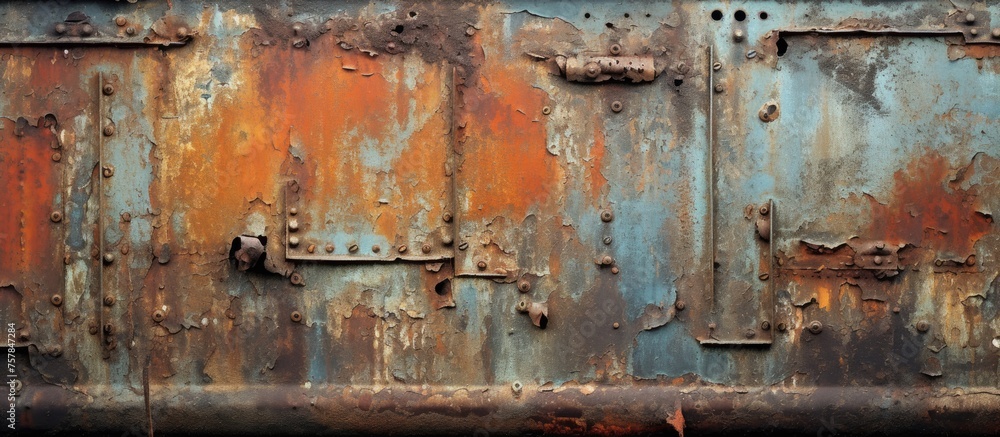 A detailed closeup of a weathered metal wall covered in rust, providing a textured backdrop for an urban or industrial theme in art or photography A detailed closeup of a weathered metal wall covered in rust, providing a textured backdrop for an urban or industrial theme in art or photography