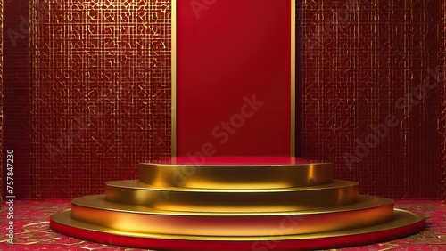 Empty 3D podium round stage with islamic ornament and red background for ramadan kareem, eid mubarak, iftar, muharram. 