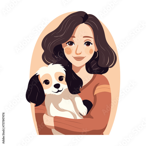 Young cute happy woman hugging dog with love vector illustration Portrait of happy pet owner. Flat cartoon style cute small white dog girl hold their puppy isolated