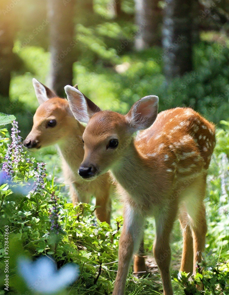 The innocence of a baby deer exploring a forest clearing for the first time, surrounded by sunlight and lush greenery The innocence of a baby deer exploring a forest clearing for the first time, surrounded by sunlight and lush greenery