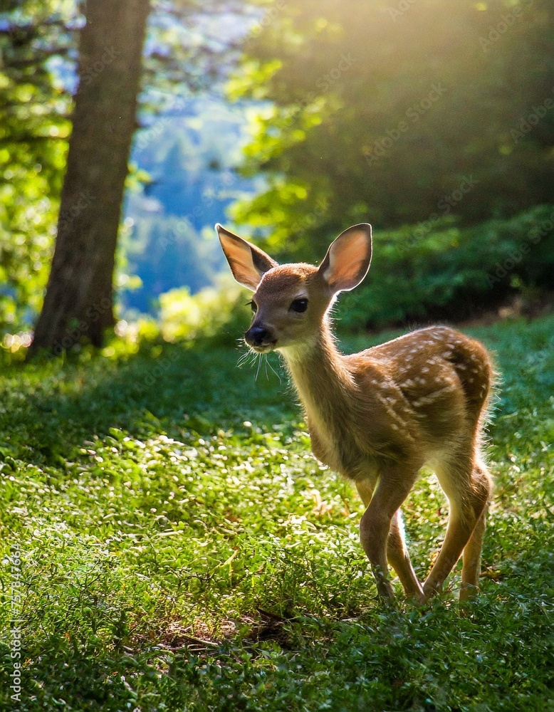 The innocence of a baby deer exploring a forest clearing for the first time, surrounded by sunlight and lush greenery The innocence of a baby deer exploring a forest clearing for the first time, surrounded by sunlight and lush greenery