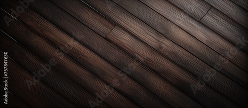 A closeup of a brown hardwood floor with a diagonal pattern  showcasing tints and shades of wood stain. The darkness of the wood flooring adds depth to the plywood design