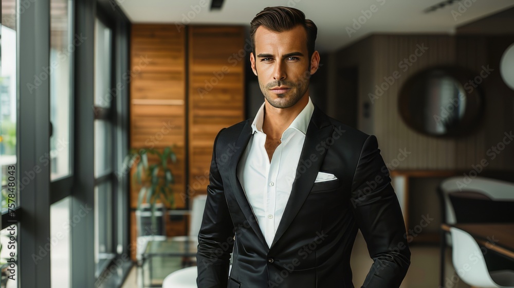 A boss in a company stands proudly looking at the camera in a neat formal outfit. A successful businessman. Created with Generative AI. A boss in a company stands proudly looking at the camera in a neat formal outfit. A successful businessman. Created with Generative AI.
