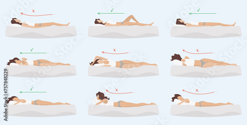 Correct and incorrect sleeping body posture. Healthy sleeping position spine in various mattresses and pillow. Caring for health of back, neck. Comparative vector illustration photo