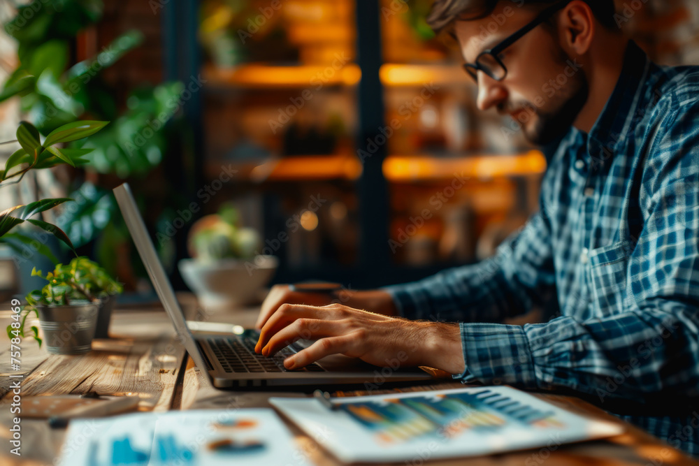 Businessman or accountant working hard on a laptop, analyzing important data, graphs, and diagrams. Businessman or accountant working hard on a laptop, analyzing important data, graphs, and diagrams.