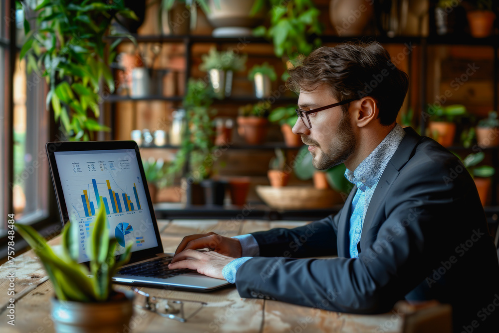 Businessman or accountant working hard on a laptop, analyzing important data, graphs, and diagrams. Businessman or accountant working hard on a laptop, analyzing important data, graphs, and diagrams.