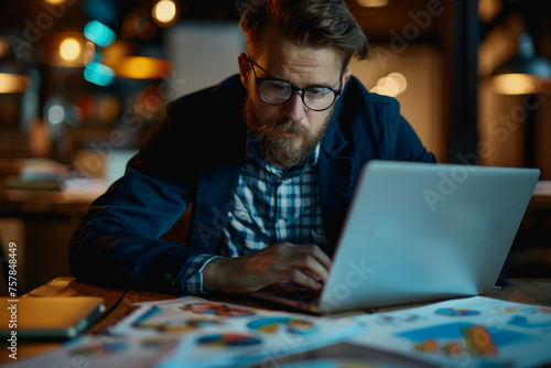 Businessman or accountant working hard on a laptop, analyzing important data, graphs, and diagrams.